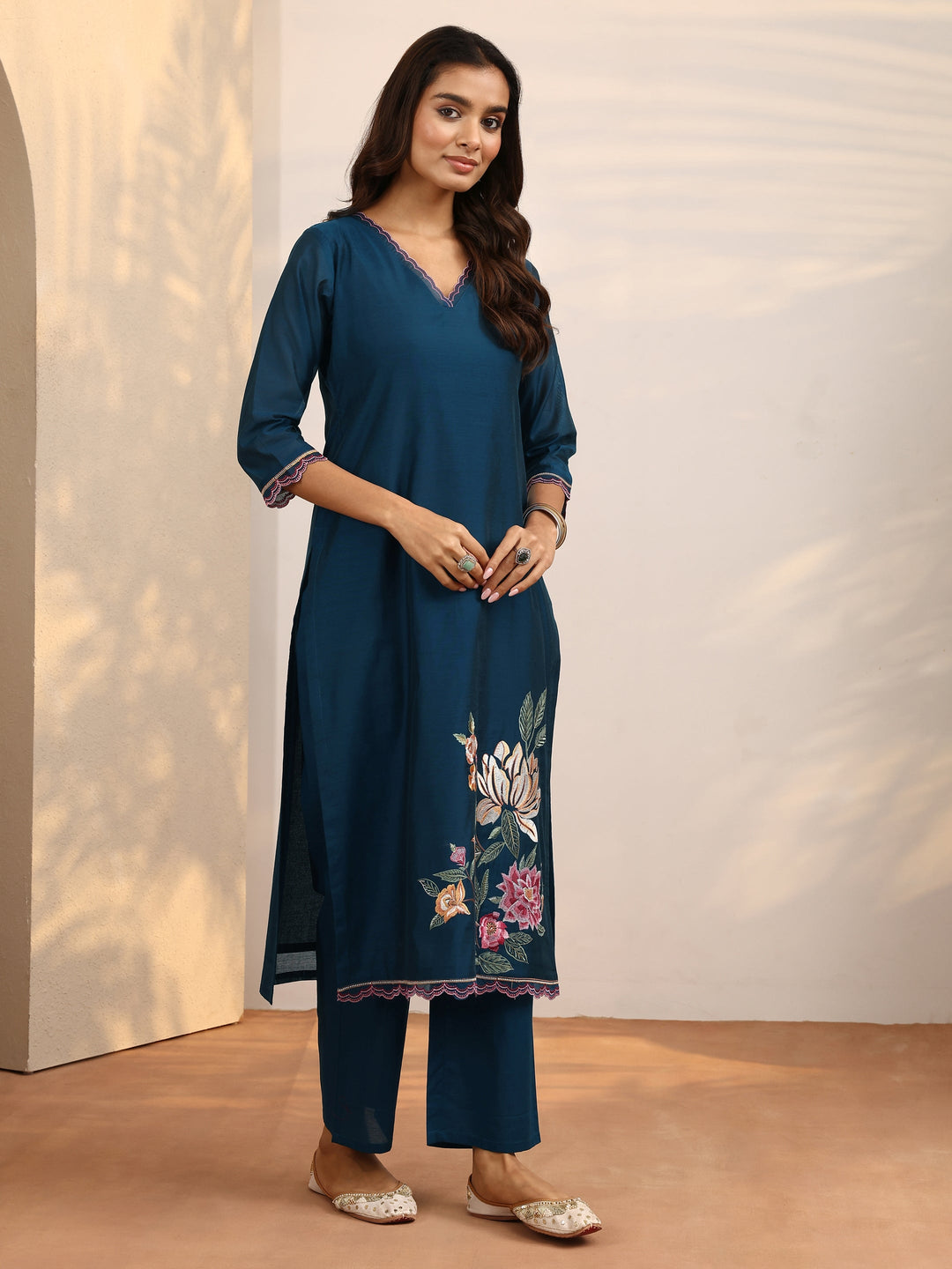 Teal Embroidered Silk Blend Straight Suit Set With Dupatta