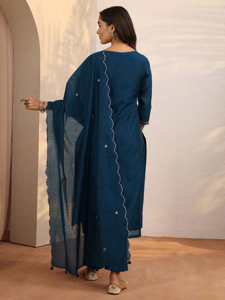 Teal Embroidered Silk Blend Straight Suit Set With Dupatta