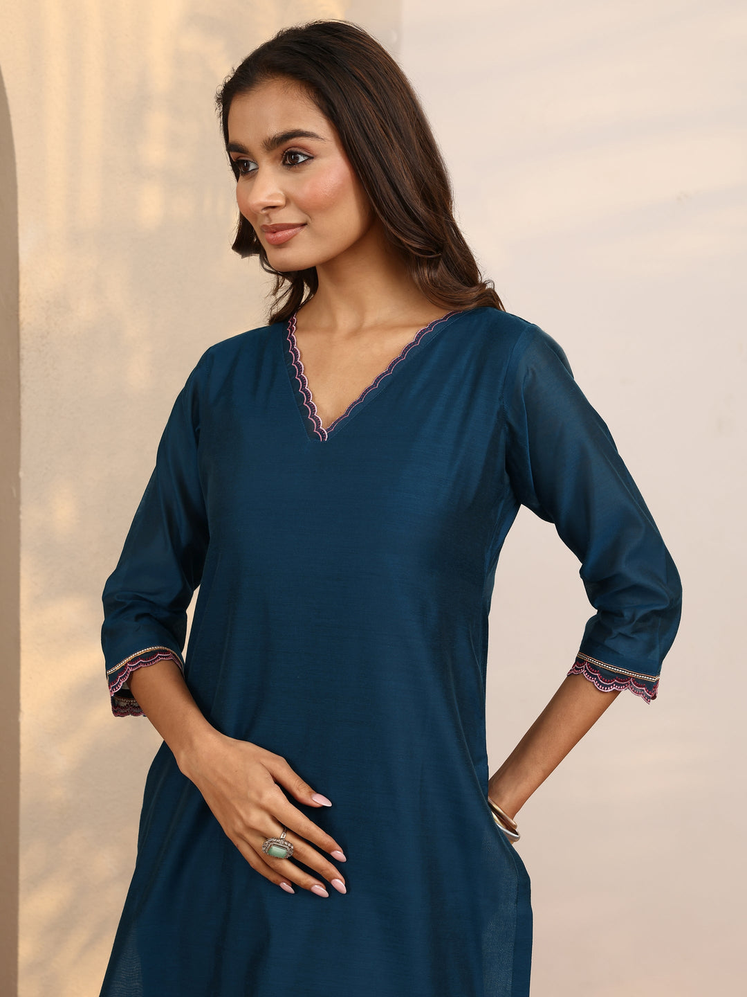 Teal Embroidered Silk Blend Straight Suit Set With Dupatta