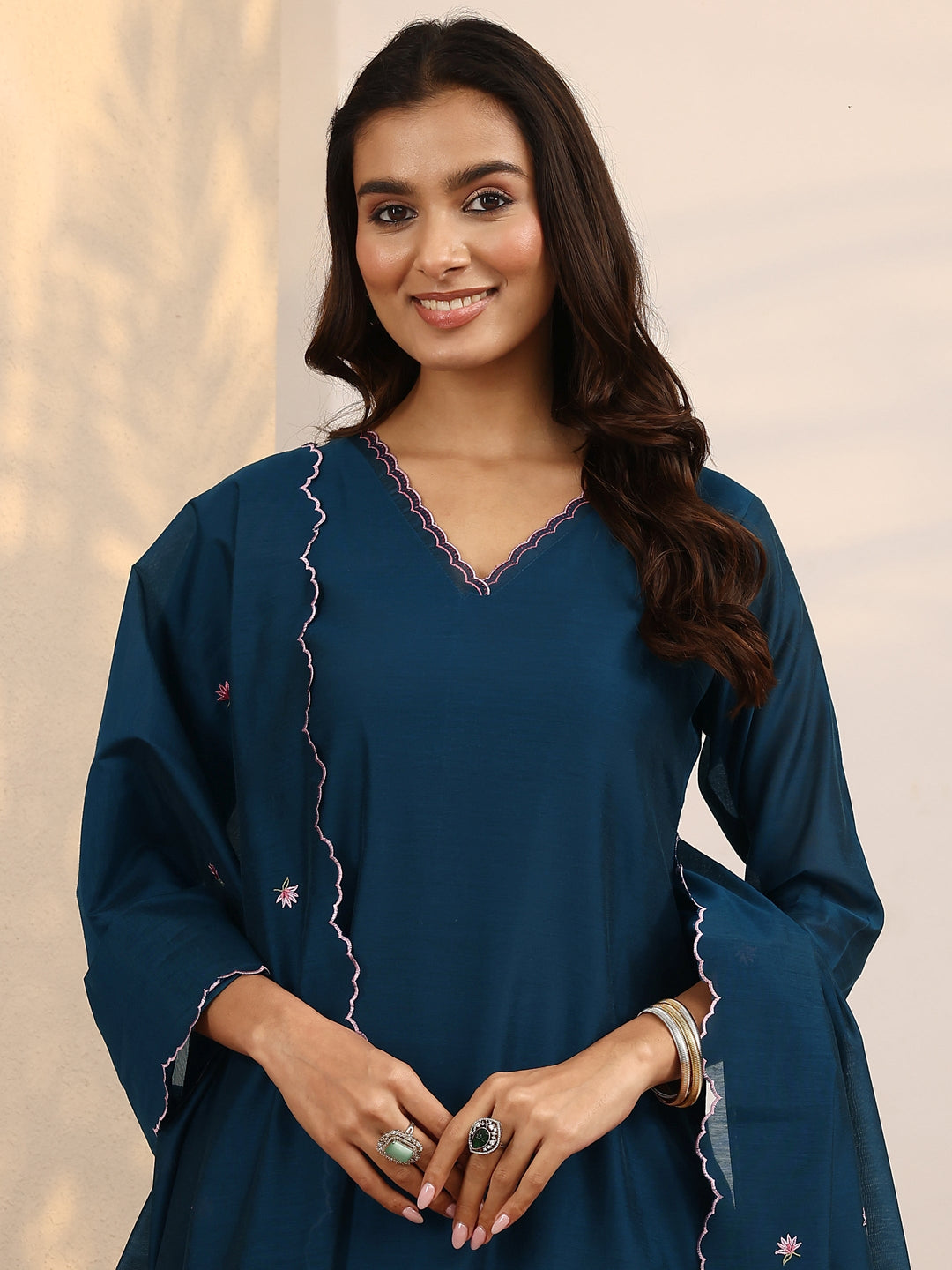 Teal Embroidered Silk Blend Straight Suit Set With Dupatta