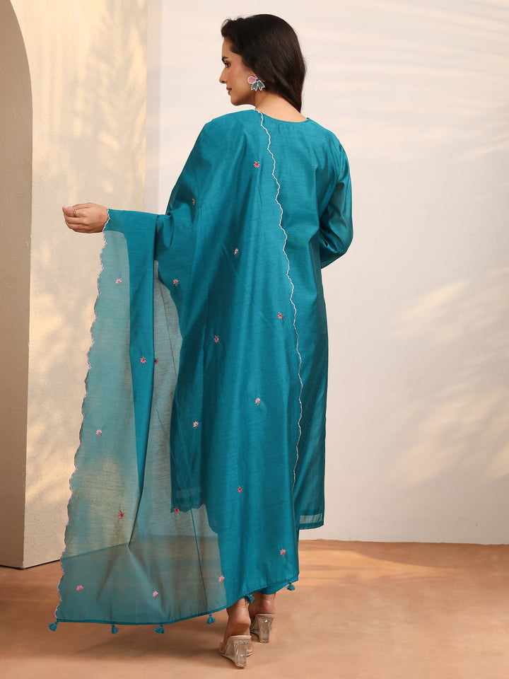Green Embroidered Silk Blend Straight Suit Set With Dupatta