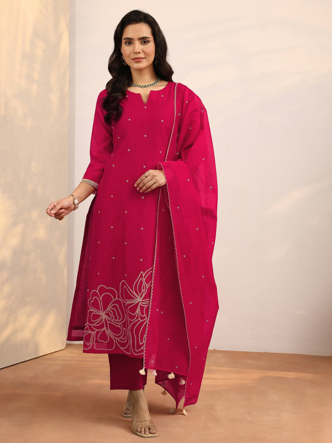 Red Embroidered Silk Blend Straight Suit Set With Dupatta
