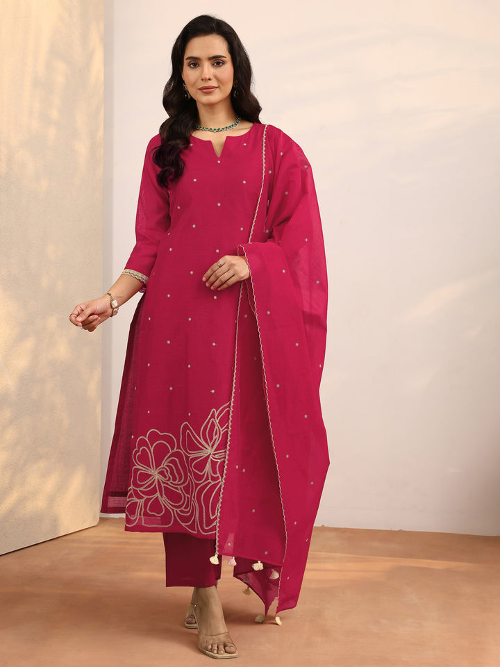 Libas Red Embroidered Silk Blend Straight Suit Set With Dupatta