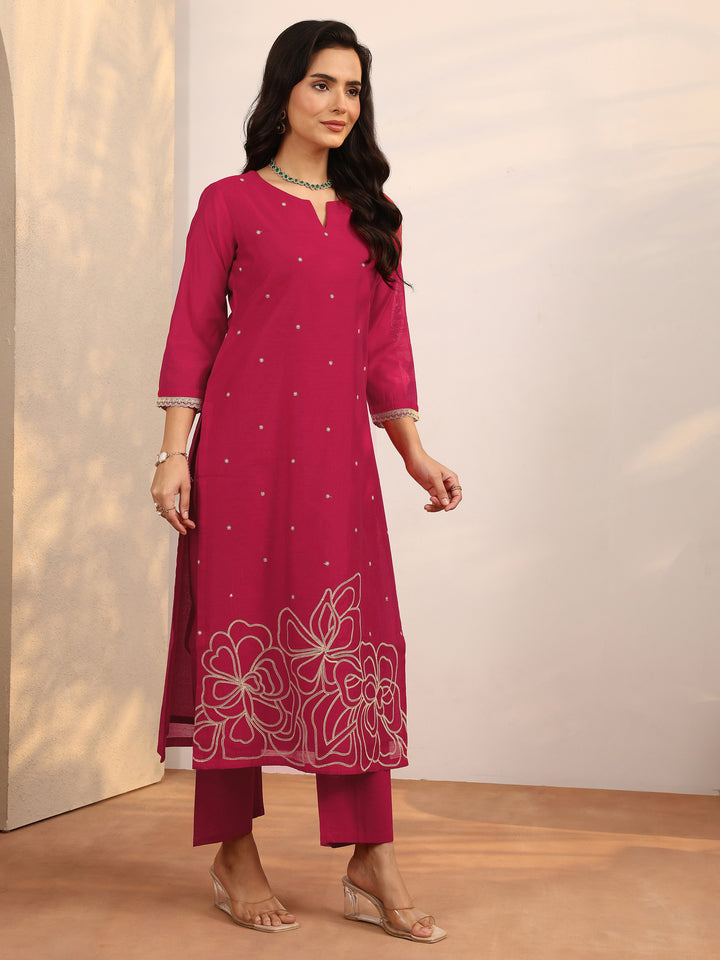 Libas Red Embroidered Silk Blend Straight Suit Set With Dupatta