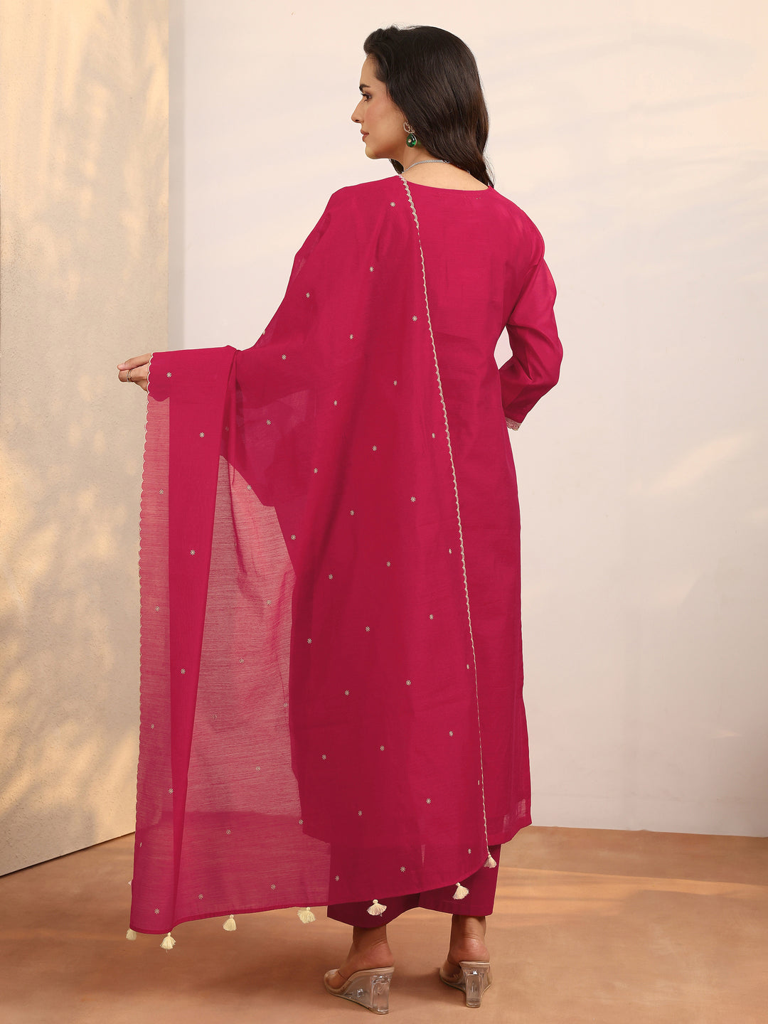 Libas Red Embroidered Silk Blend Straight Suit Set With Dupatta