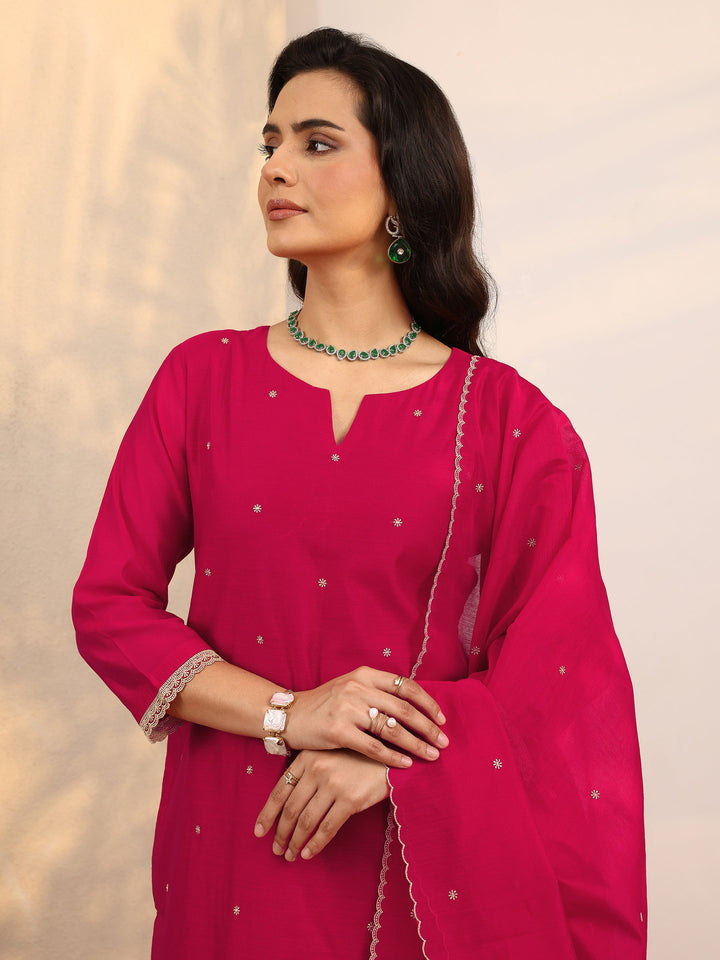 Red Embroidered Silk Blend Straight Suit Set With Dupatta