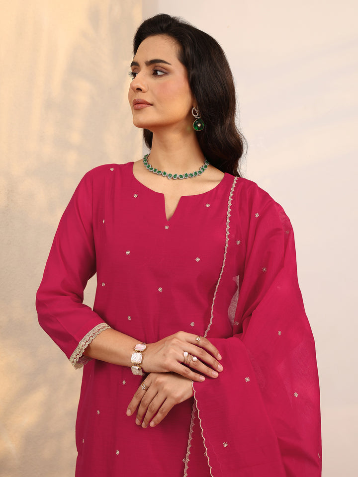 Libas Red Embroidered Silk Blend Straight Suit Set With Dupatta