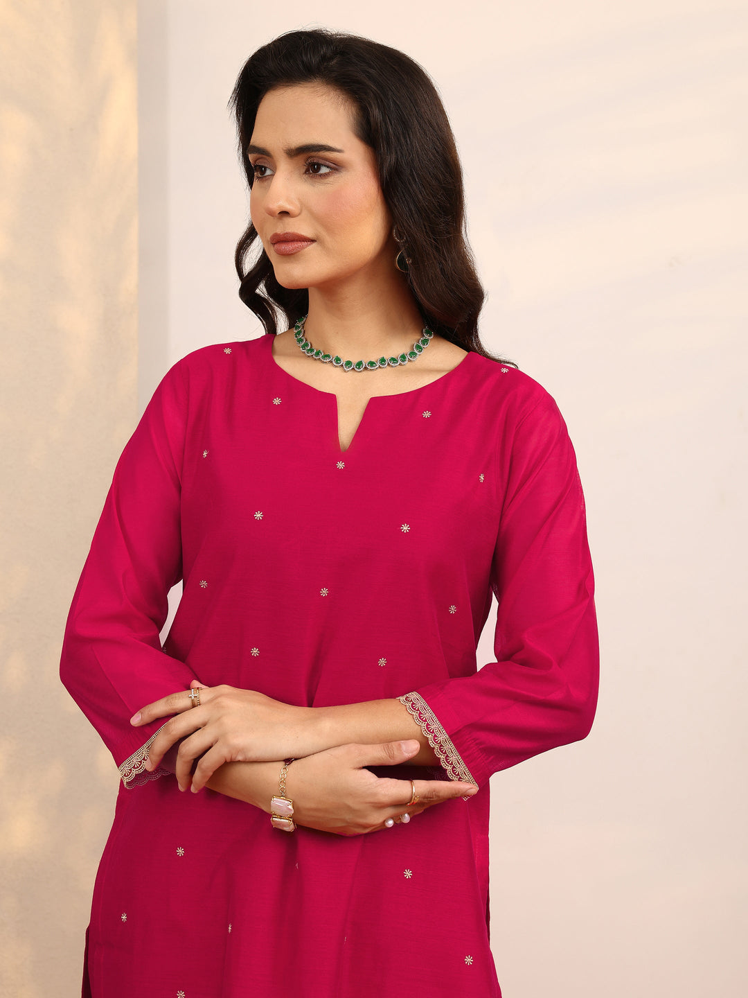 Red Embroidered Silk Blend Straight Suit Set With Dupatta