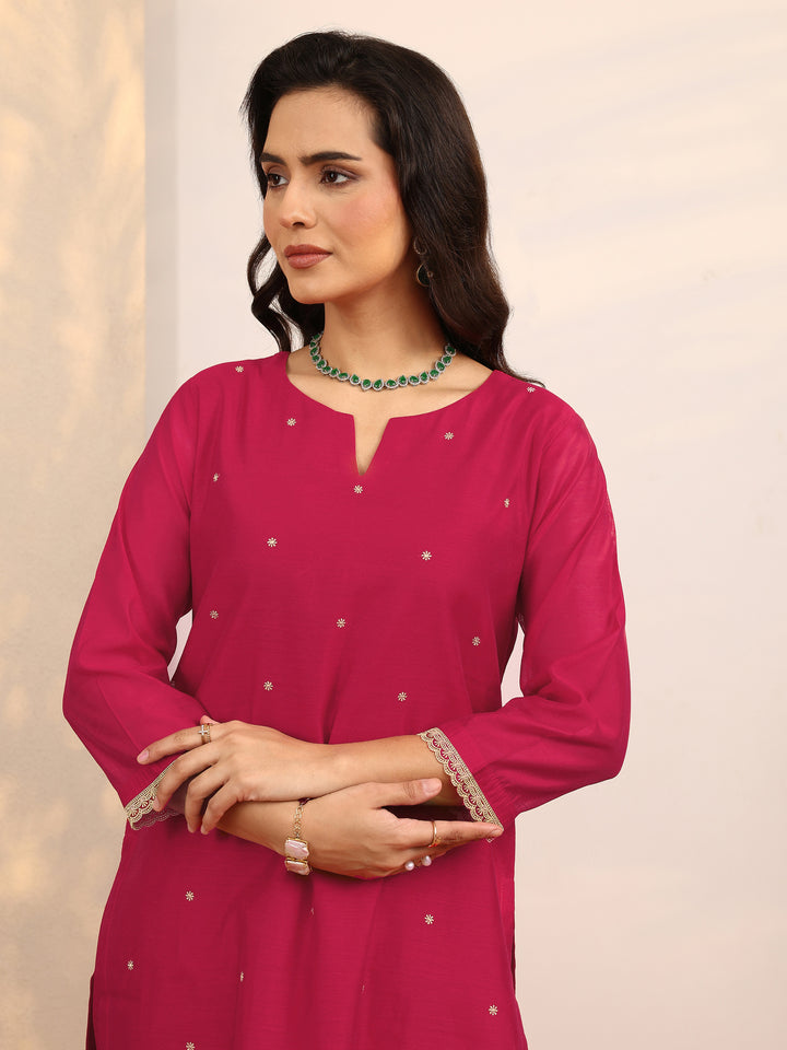 Libas Red Embroidered Silk Blend Straight Suit Set With Dupatta