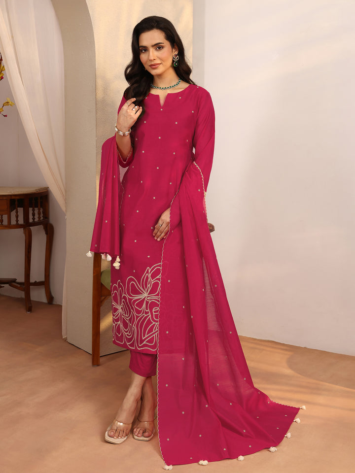 Libas Red Embroidered Silk Blend Straight Suit Set With Dupatta