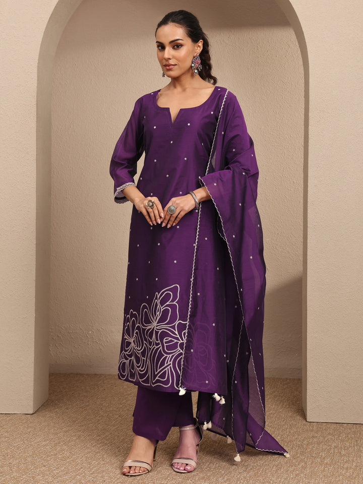 Purple Embroidered Silk Blend Straight Suit Set With Dupatta