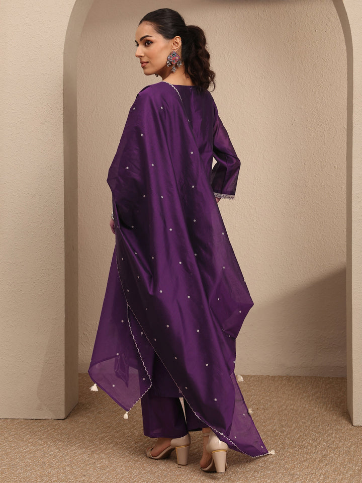 Purple Embroidered Silk Blend Straight Suit Set With Dupatta