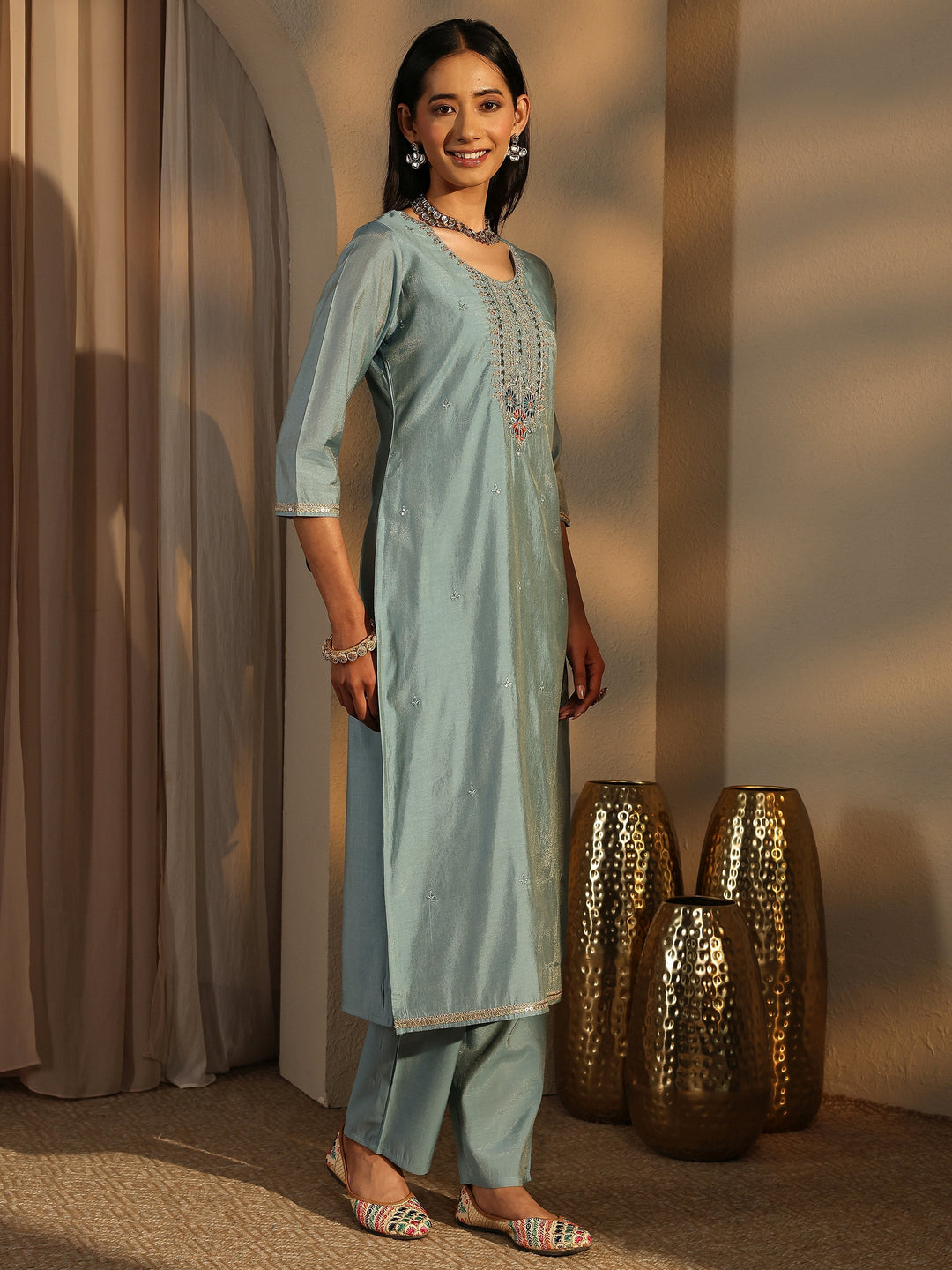 Blue Embroidered Silk Blend Straight Suit Set With Dupatta