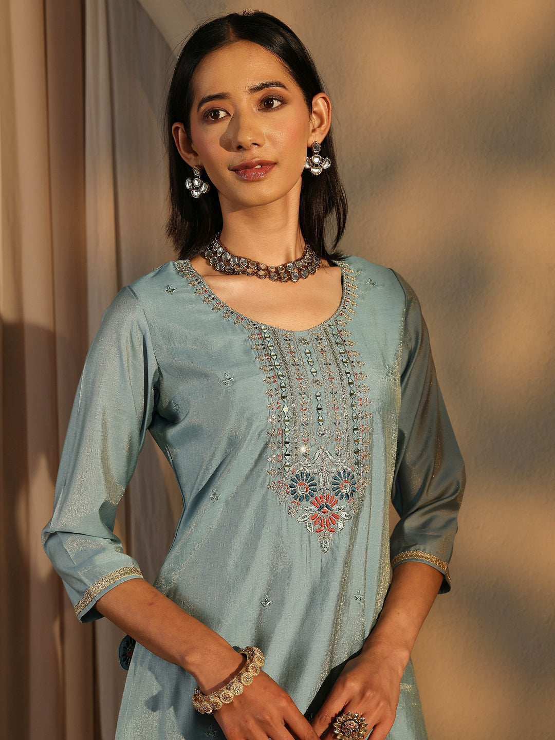 Blue Embroidered Silk Blend Straight Suit Set With Dupatta