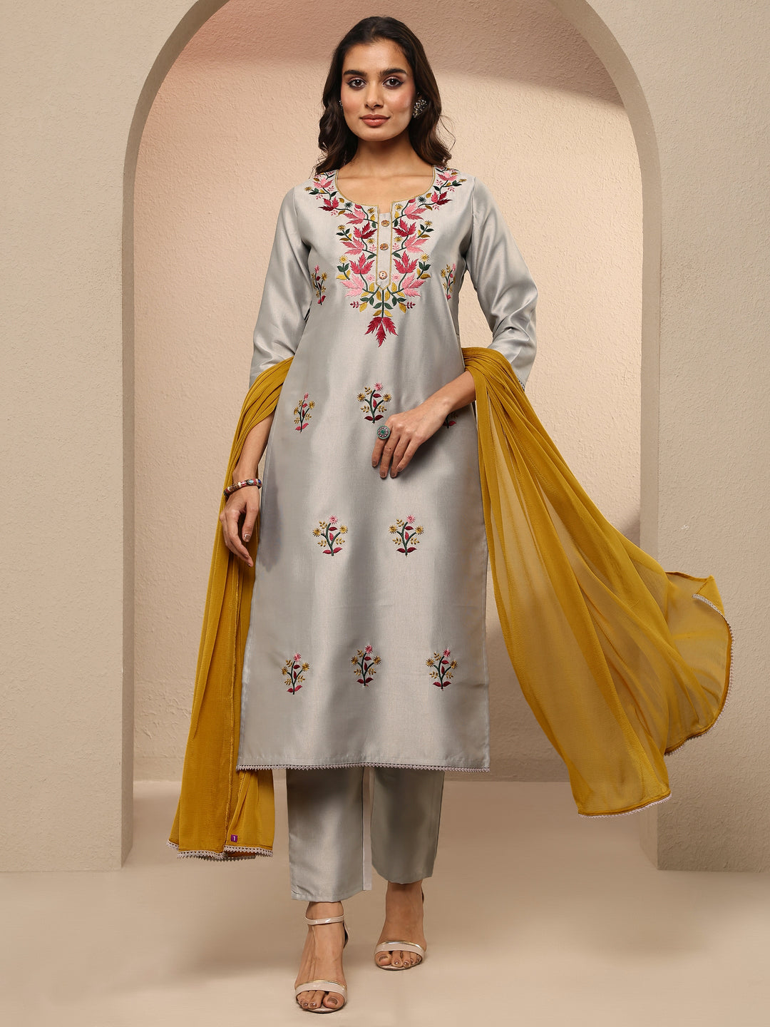 Grey Embroidered Silk Blend Straight Suit Set With Dupatta