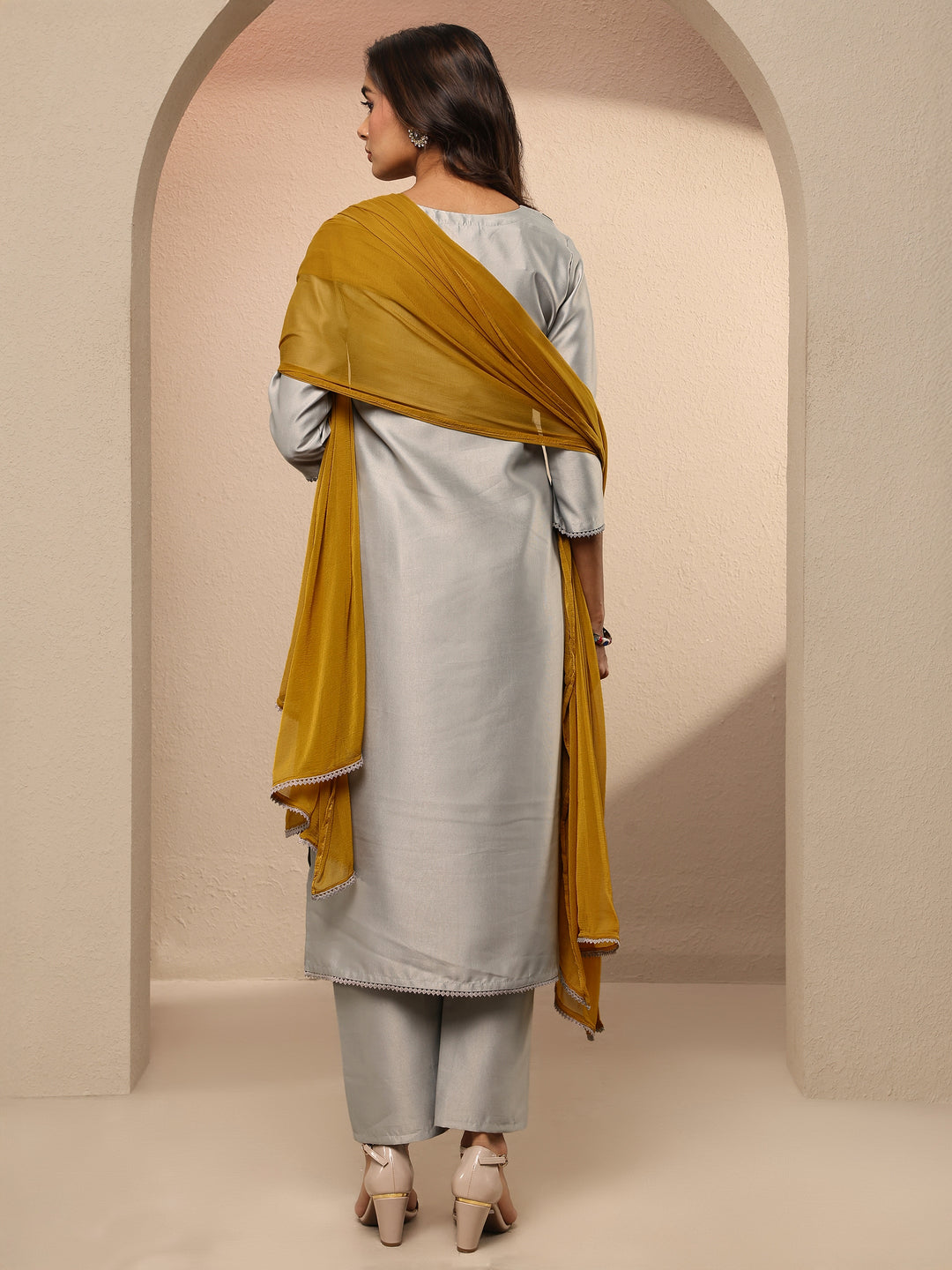 Grey Embroidered Silk Blend Straight Suit Set With Dupatta