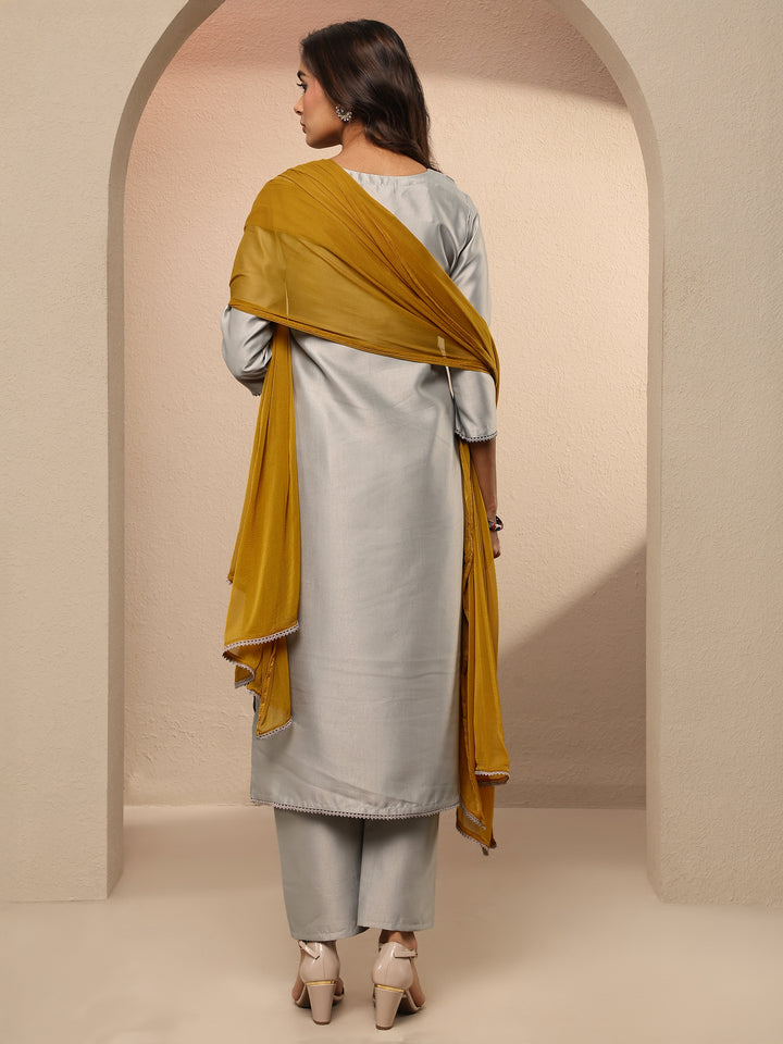 Grey Embroidered Silk Blend Straight Suit Set With Dupatta