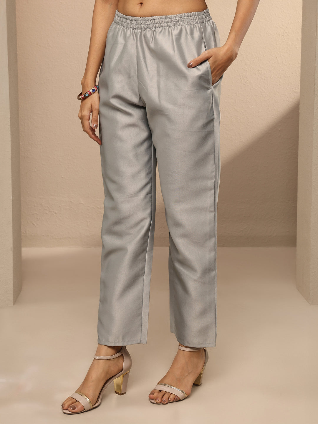 Grey Embroidered Silk Blend Straight Suit Set With Dupatta