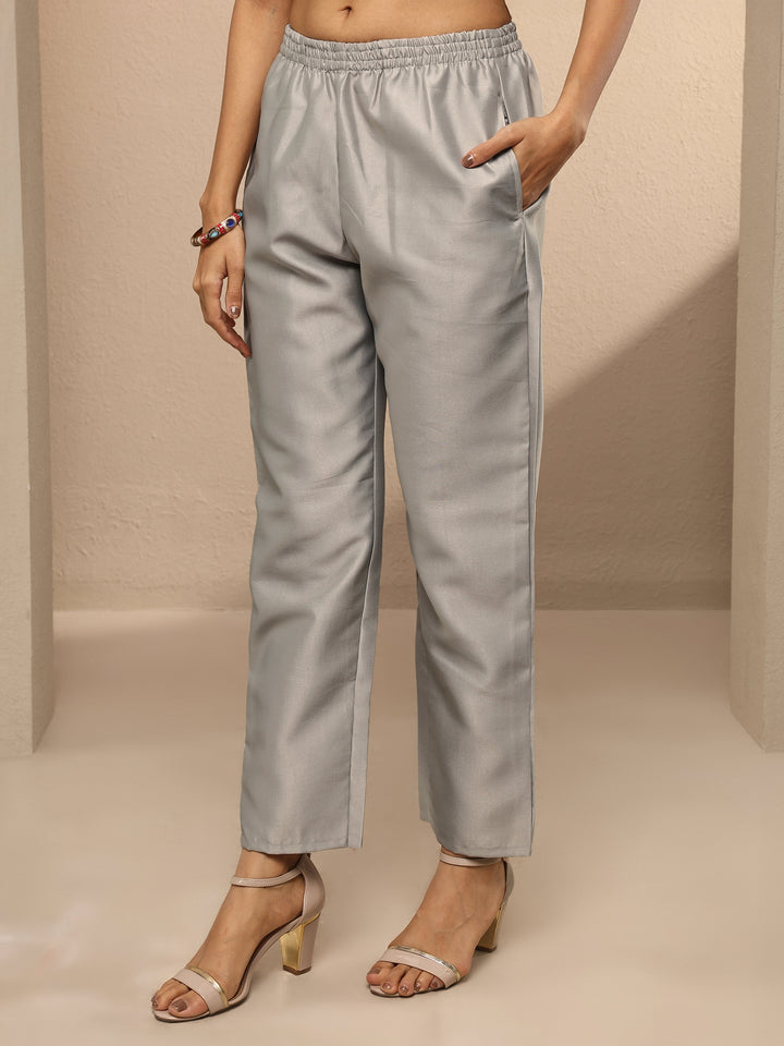 Grey Embroidered Silk Blend Straight Suit Set With Dupatta