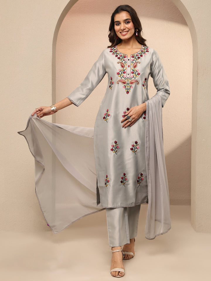 Grey Embroidered Silk Blend Straight Suit Set With Dupatta