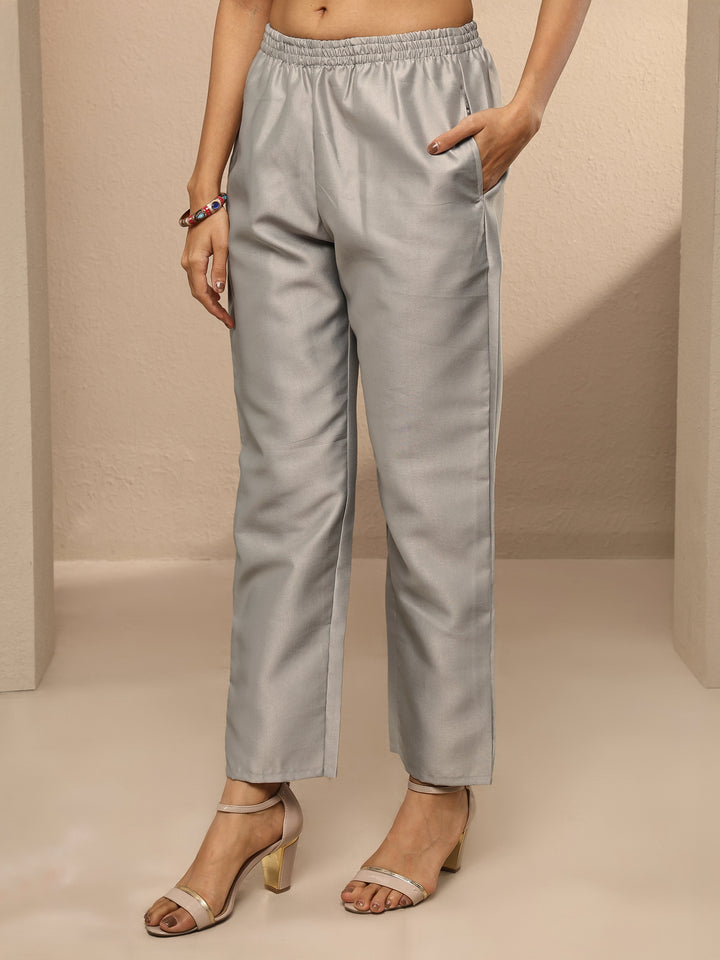 Grey Embroidered Silk Blend Straight Suit Set With Dupatta