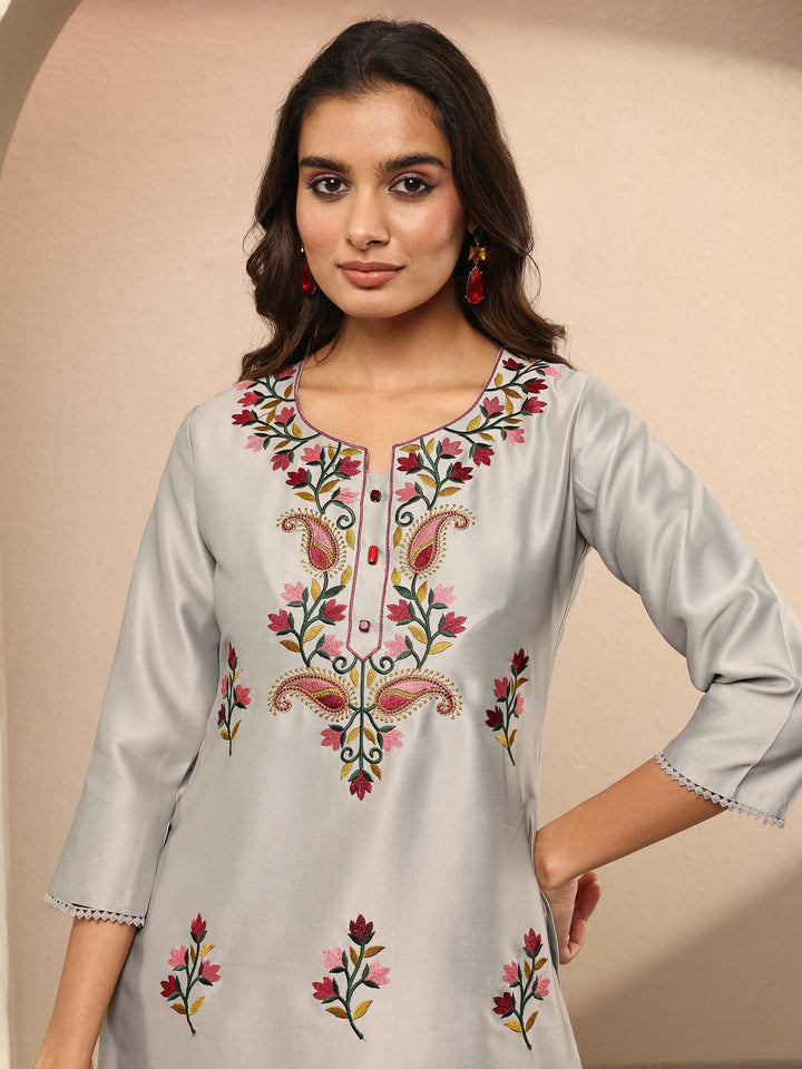 Grey Embroidered Silk Blend Straight Suit Set With Dupatta