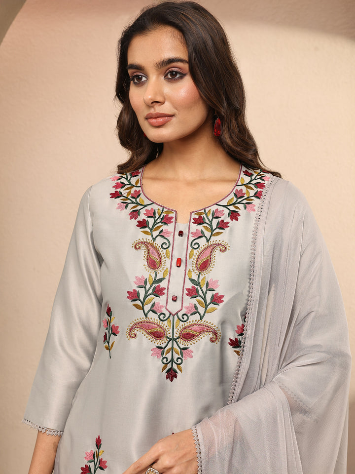 Grey Embroidered Silk Blend Straight Suit Set With Dupatta
