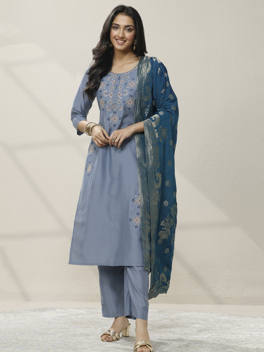 Blue Embellished Silk blend Straight Suit Set With Dupatta