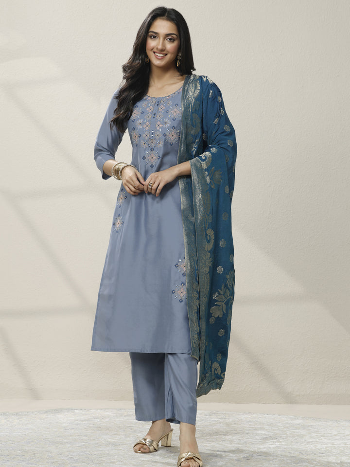 Blue Embellished Silk blend Straight Suit Set With Dupatta