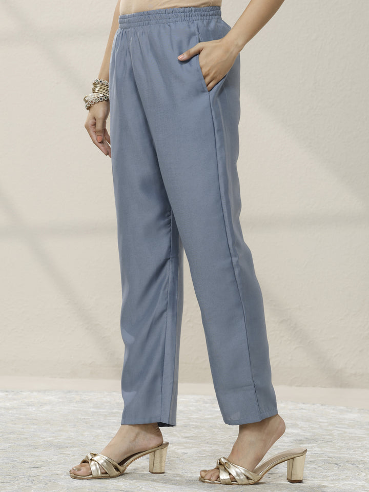 Blue Embellished Silk blend Straight Suit Set With Dupatta