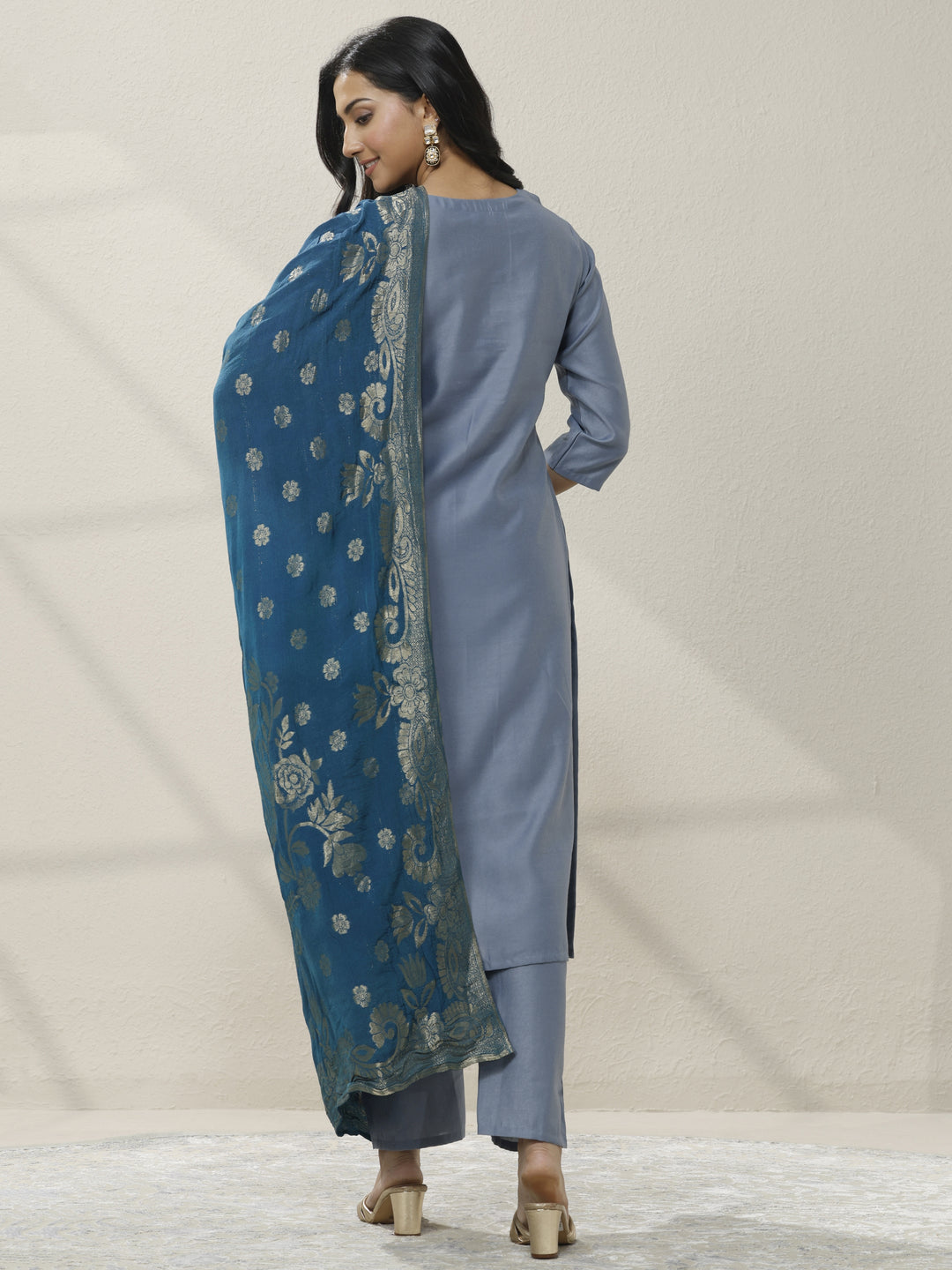 Blue Embellished Silk blend Straight Suit Set With Dupatta