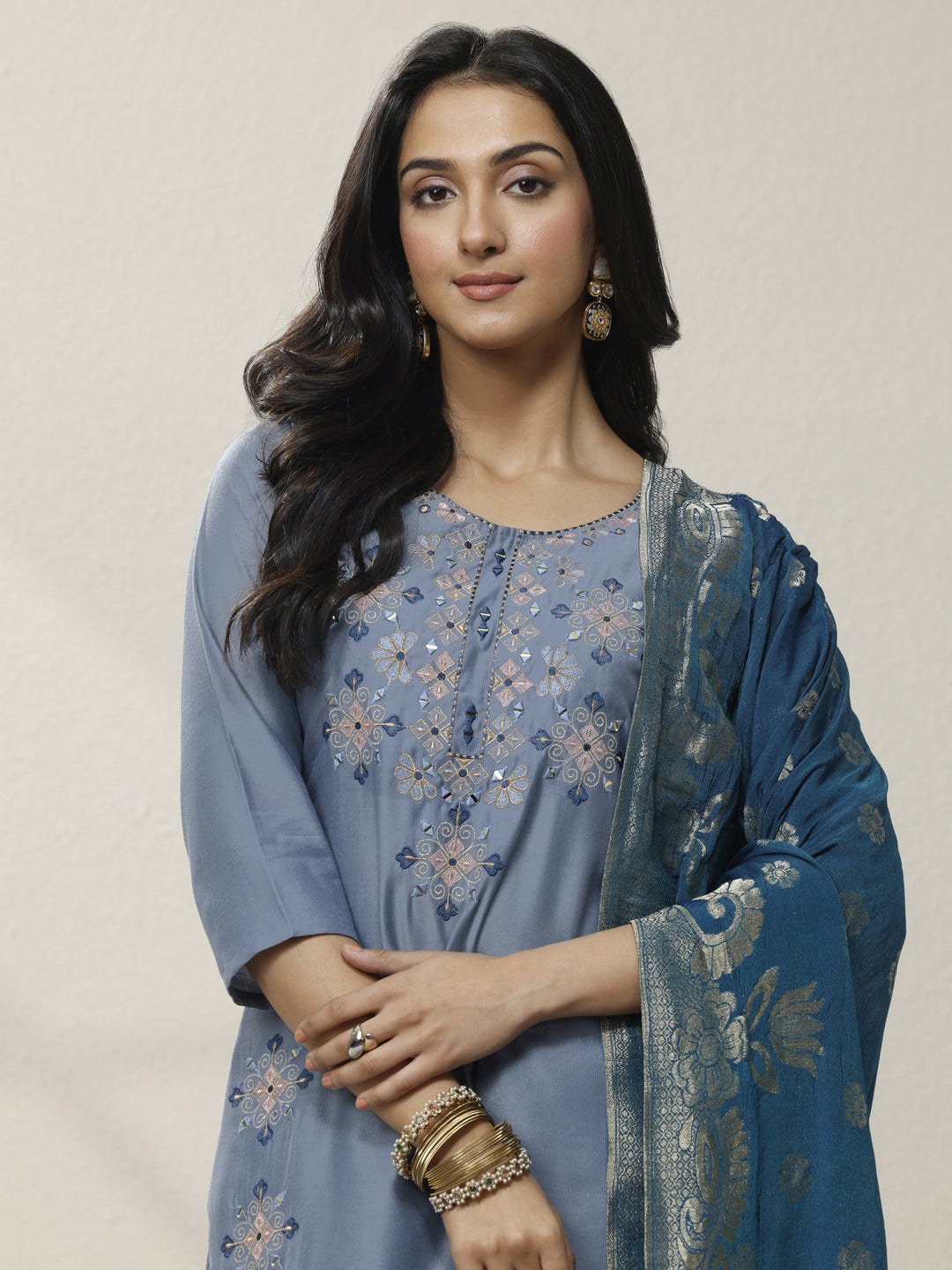 Blue Embellished Silk blend Straight Suit Set With Dupatta