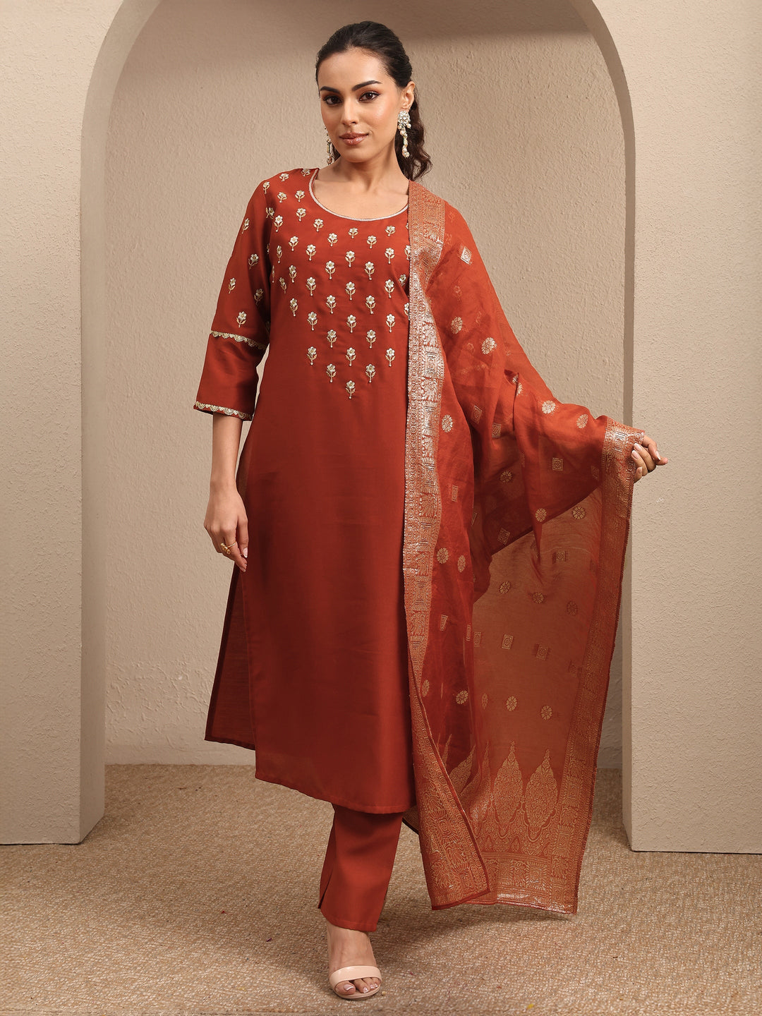 Rust Embroidered Silk blend Straight Suit Set With Dupatta