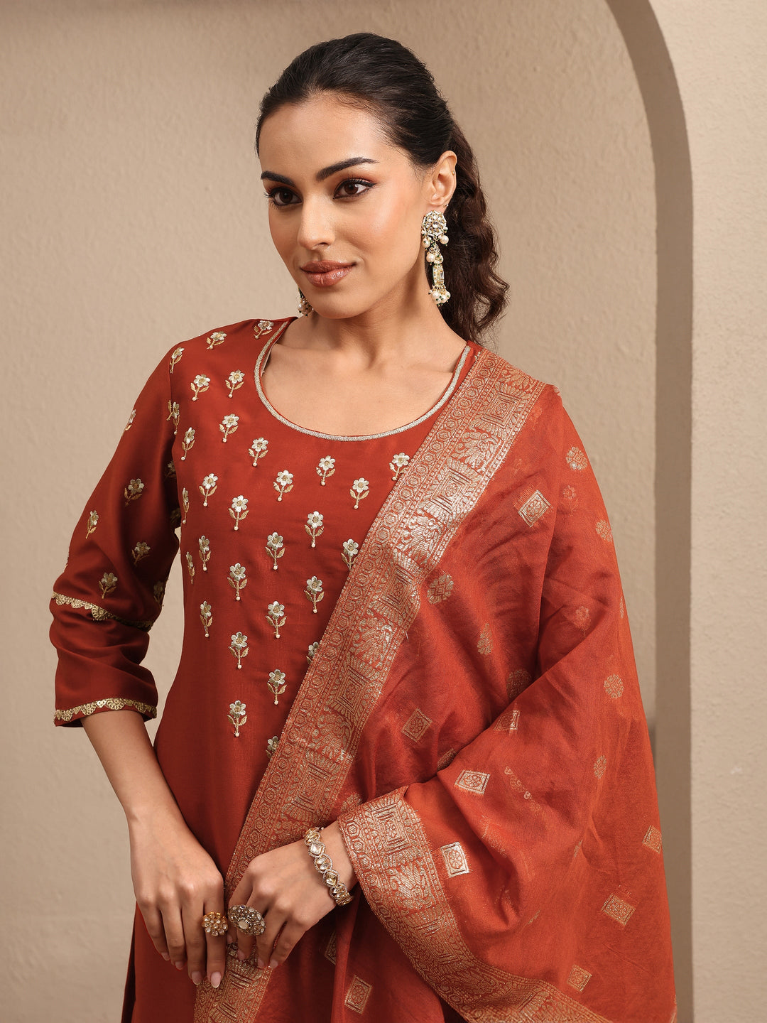 Rust Embroidered Silk blend Straight Suit Set With Dupatta