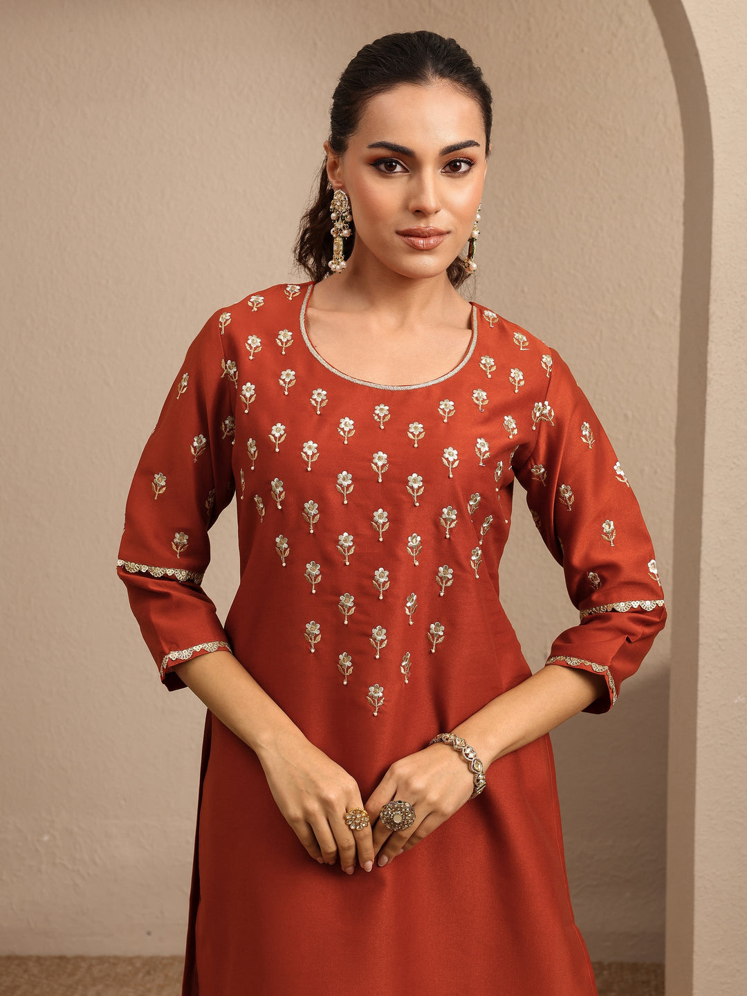 Rust Embroidered Silk blend Straight Suit Set With Dupatta