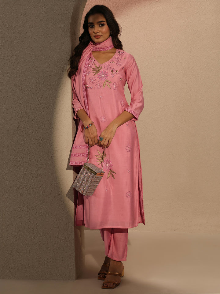 Pink Embroidered Silk Blend Straight Suit Set With Dupatta