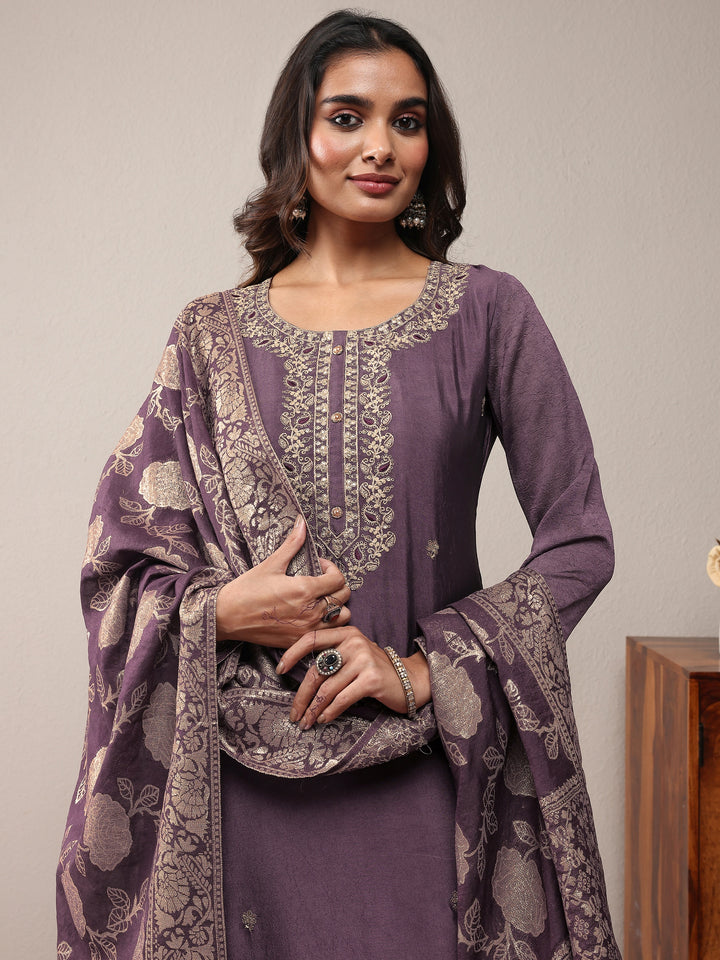 Purple Embroidered Silk Blend Straight Suit Set With Dupatta