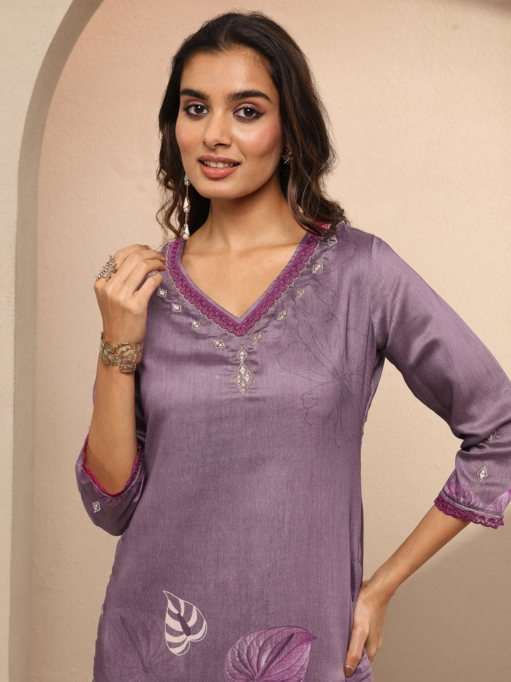 Purple Printed Silk Blend Straight Suit Set With Dupatta