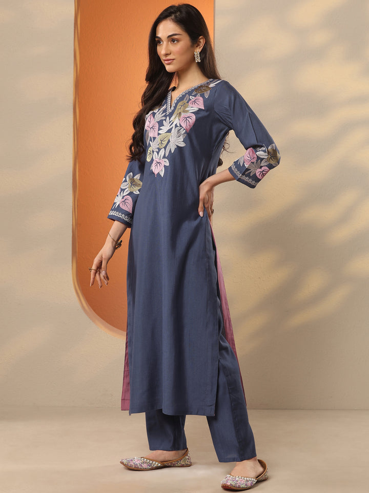 Blue Yoke Design Silk Blend Straight Suit Set With Dupatta