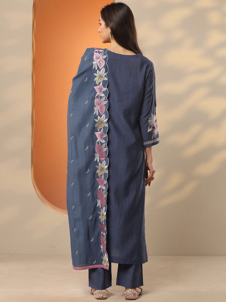 Blue Yoke Design Silk Blend Straight Suit Set With Dupatta