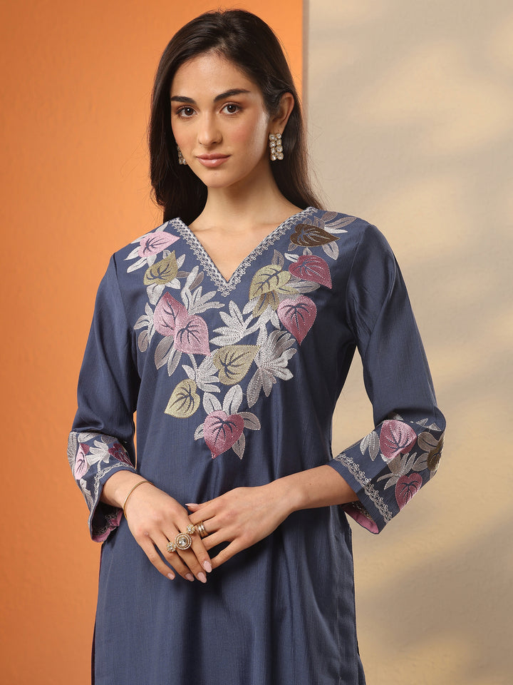 Blue Yoke Design Silk Blend Straight Suit Set With Dupatta