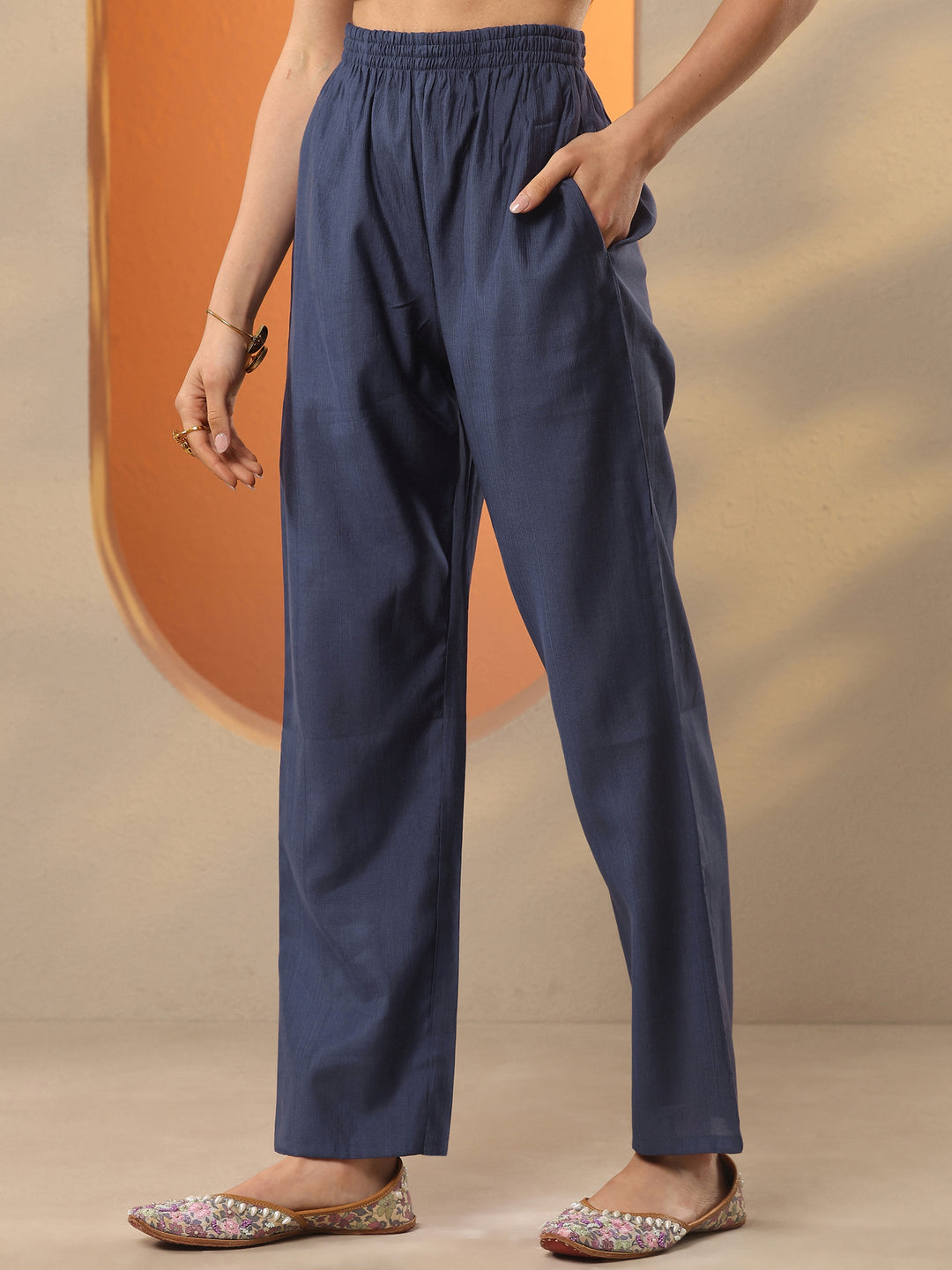 Blue Yoke Design Silk Blend Straight Suit Set With Dupatta