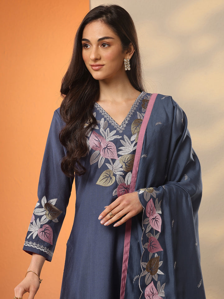 Blue Yoke Design Silk Blend Straight Suit Set With Dupatta