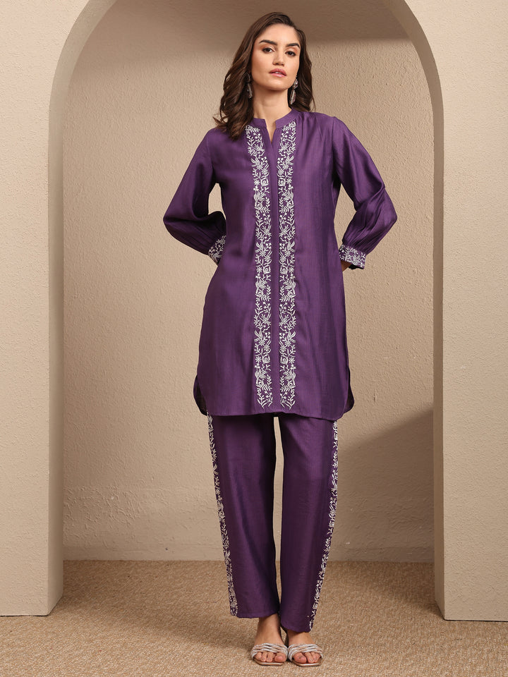 Purple Embroidered Silk Blend Co-Ord Set