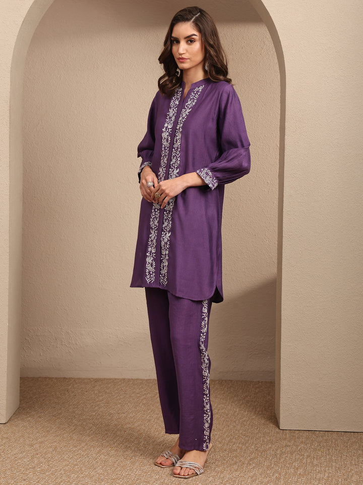 Purple Embroidered Silk Blend Co-Ord Set