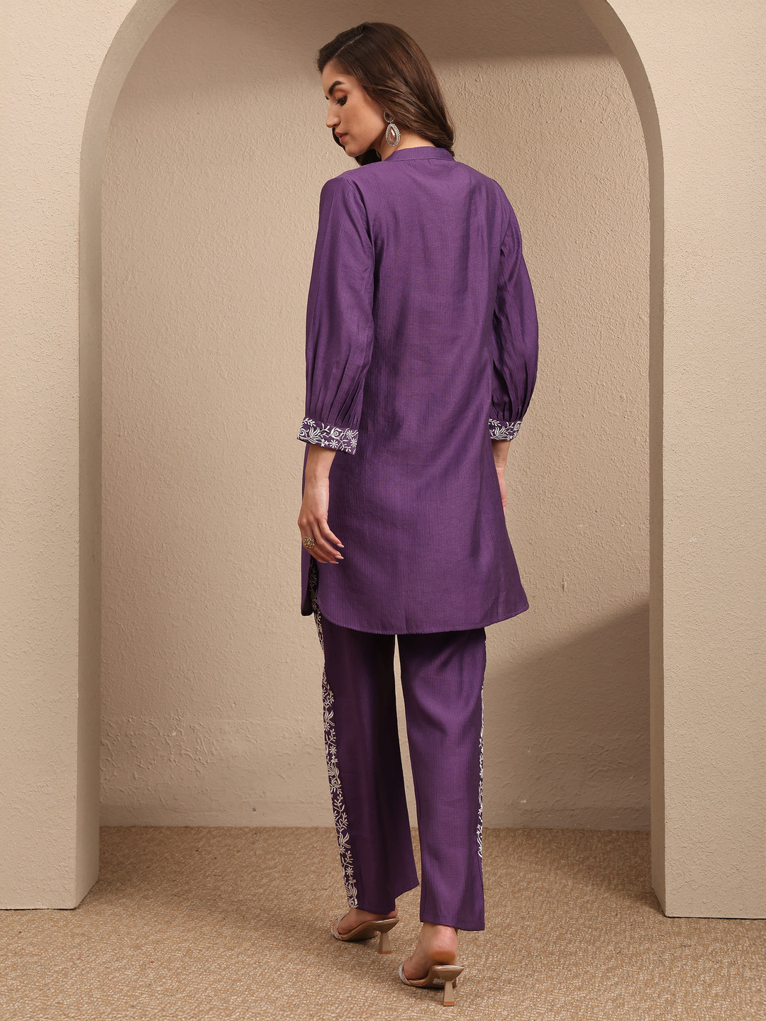 Purple Embroidered Silk Blend Co-Ord Set