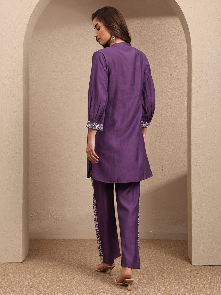 Purple Embroidered Silk Blend Co-Ord Set