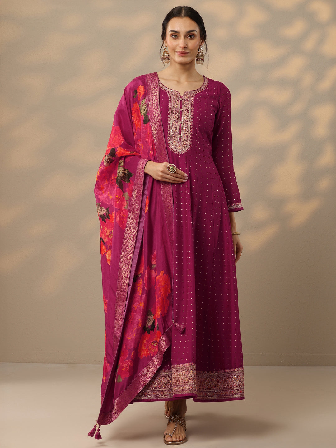 Magenta Embellished Silk Blend A-Line Gown With Dupatta