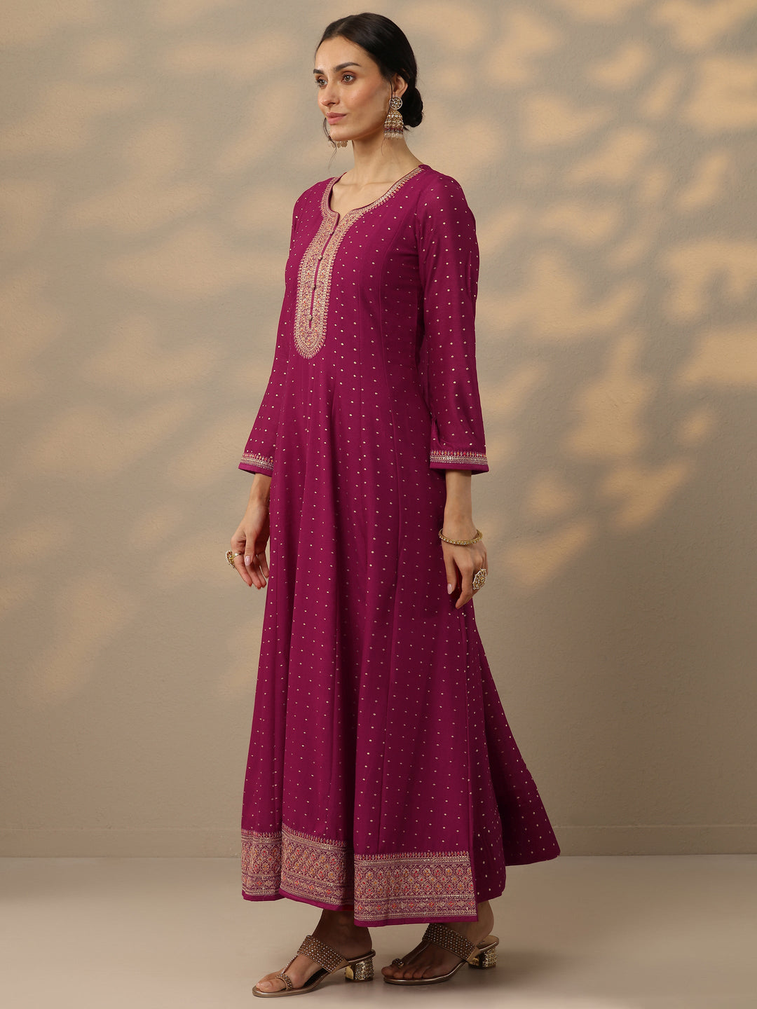 Magenta Embellished Silk Blend A-Line Gown With Dupatta