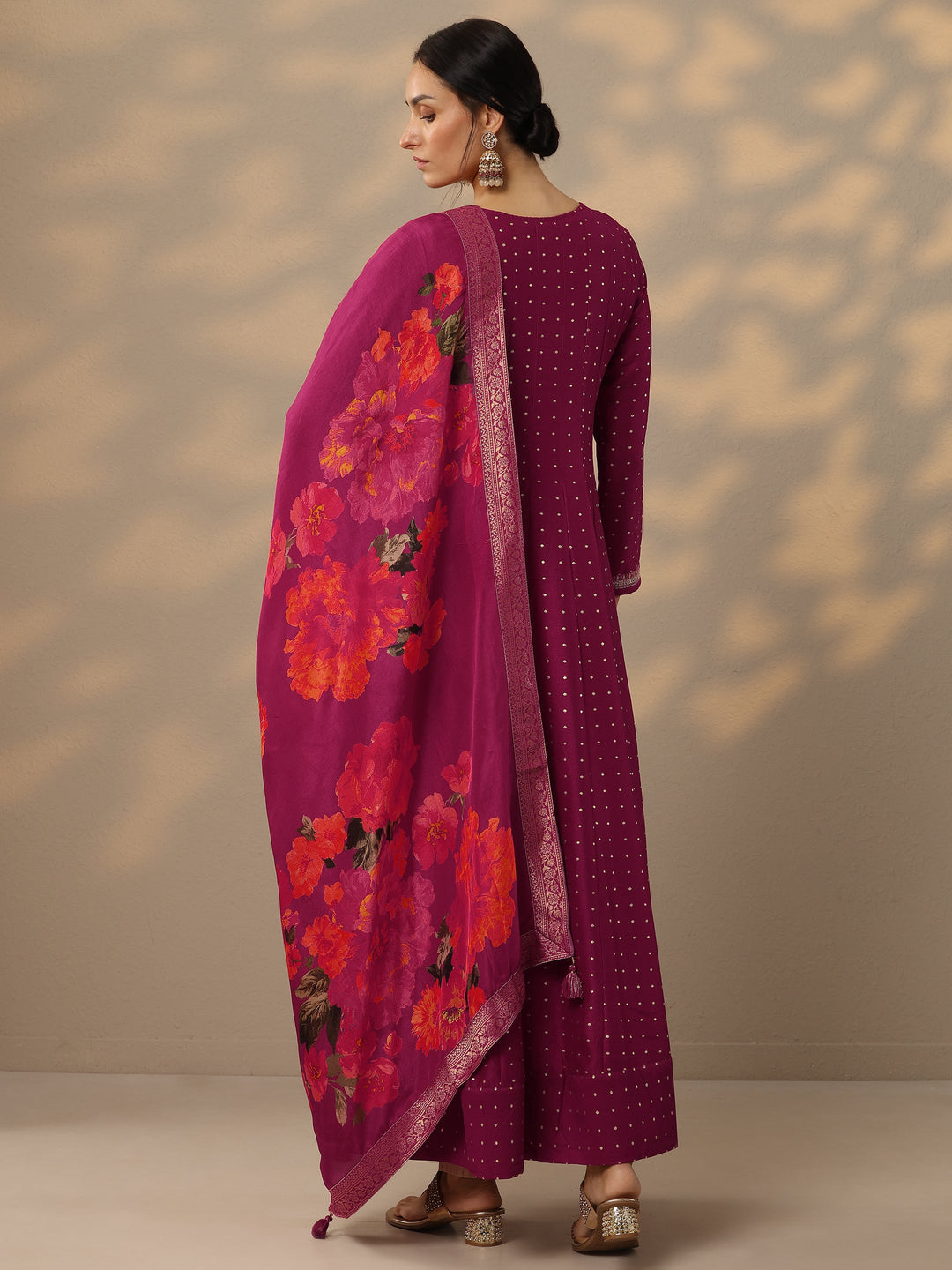 Magenta Embellished Silk Blend A-Line Gown With Dupatta